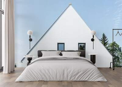 white minimalist house with gable roof, two small windows on the side of it and one big window in front Wall mural