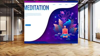 Woman sitting in lotus position practicing meditation. Yoga girl vector illustration. Landing page template. Wall mural