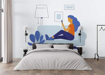 Young woman on the sofa with smartphone vector illustration in flat style. Wall mural