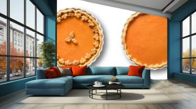 American Pumpkin Pie with different decorations, homemade cookies,whipped cream isolated on white background. Thanksgiving Day traditional food. Banner. Wall mural