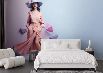 Attractive woman in monochrome outfit, pink pastel color. Website landing. Generative AI. Wall mural