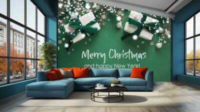 Christmas border with xmas tree and gifts on green background. Merry christmas card. Winter holiday. Happy New Year. Space for text Wall mural