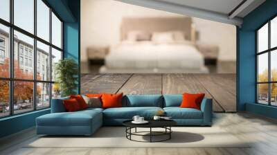 Empty wooden board and blurred modern bedroom with house interior as background. Abstract pattern. Wall mural