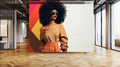 Fashion background. Website landing. Attractive black woman in monochrome autumn outfit, orange color clothes. Copy space. Generative AI. Wall mural