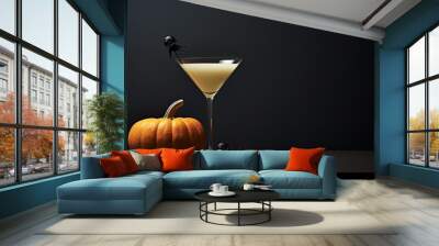 Halloween drink and pumpkin on black background. Minimalism style. Close up. Copy space. Generative AI. Wall mural