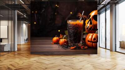 Halloween drink in glass with ice cube and sugar rim on black background with pumpkins and candles. Close up. Copy space . Generative AI. Wall mural