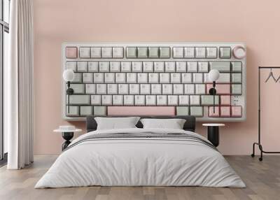 Modern mechanical keyboard on pink background. Minimal style and design keyboard. Custom build keyboard. Colorful key pastel creamy pink and green cap. Top view. Wall mural