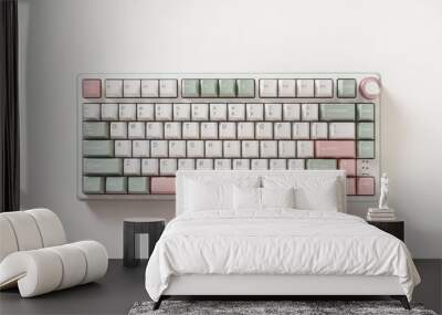 Modern mechanical keyboard on white background. Minimal style and design keyboard. Custom build keyboard. Colorful key pastel creamy pink and green cap. Top view. Wall mural