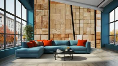 Abstract decorative ecological unpainted wooden background with geomethrical mosaik close-up, natural texture. Wall mural