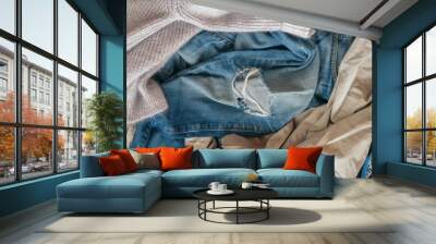 Background of old dirty clothes for recycling , top view, secondary utilization concept Wall mural