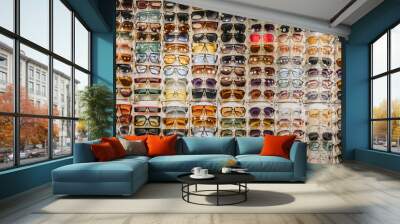 Colorful display of vintage sunglasses on retail wall Wall mural