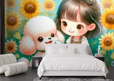 Cute girl playing with poodle dog, sunflower, summer  kids illustration, animal background Wall mural