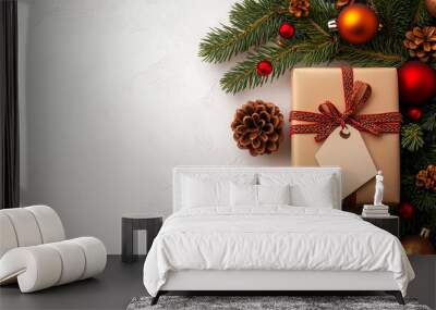 Gift with red ribbon and tag on Christmas decorative background Wall mural