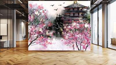 Chinese traditional painting with pagoda surronded by blossoming cherry trees. Wall mural