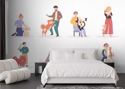 Collection of different people pet owners spending time with domestic animals cartoon vector Wall mural