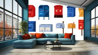 Isometric mailbox set. Postbox for paper letters newspapers correspondence delivery. Retro modern containers for post service shipment paper correspondence. Receive send mail communication Wall mural