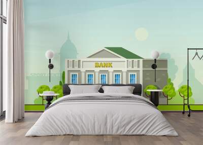 Municipal buildings. Cartoon facade bank and government building with columns. Wall mural