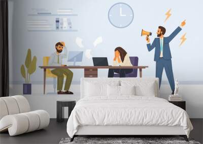 Office workers working at Deadline. Angry boss shout at employees who fail to meet deadline. Office workers hurry up with job, Panic stress and depression in staff Wall mural