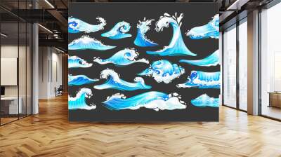 Sea ocean wave set. Blue water ocean waves, marine surf wave, ripples tides sea storm, tsunami, tidal different shapes, splash water motion with spray isolated vector Wall mural