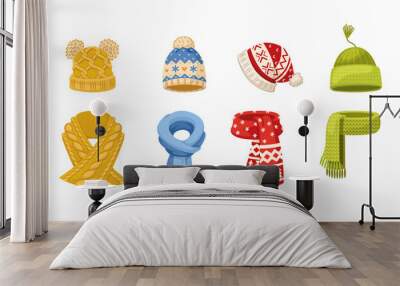 Set cute ornamental winter knitted clothes. Warm outerwear kit woolen jumper, sweater, scarf and hat Wall mural