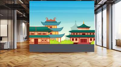 Traditional chinese, asian street with chinese buildings, pagoda, temple, house. China town city landmarks landscape, Japan building architecture. Happy Chinese New Year greeting card Wall mural