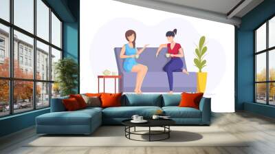 Two happy female friends gossiping relaxing drinking tea at home. Smiling woman enjoying friendship Wall mural