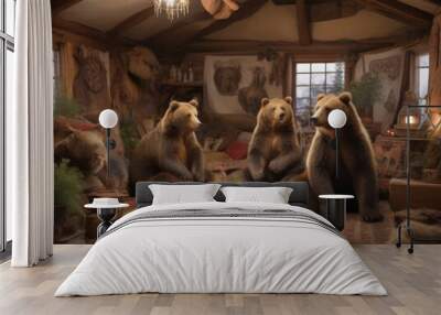 A family of brown bears preparing for hibernation in their den, snow outside, generative ai Wall mural