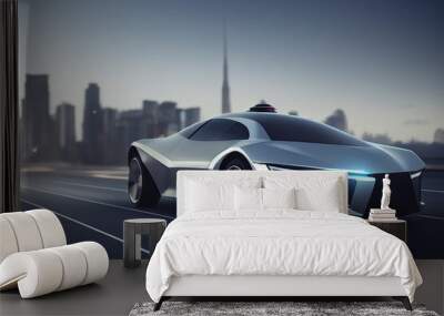 Self driving car in a modern city, photorealistic artistic illustration, concept Wall mural