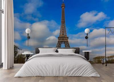 View of the Eiffel Tower or Tour Eiffel seen from Champ de Mars in Paris, France on a beautiful cloudy day Wall mural