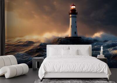 Waves hitting a lighthouse at sunset, seascape with a gloomy sky, dramatic lighting, generative AI Wall mural