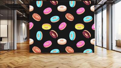 Donuts with pink, chocolate, lemon, blue mint glaze and colored sprinkles in an isometric projection on blue background.  Seamless pattern. Texture for fabric, wrapping, wallpaper Wall mural