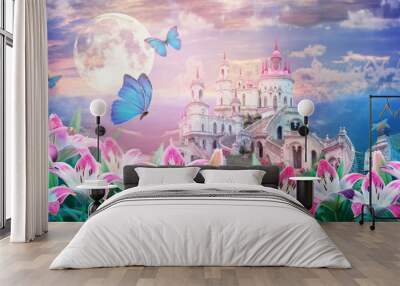 Floral summer fantastic landscape with  pink lilies flowers  and fluttering butterflies. Beautiful old castle. Dreamy gentle wonder air artistic image. Summer template, artistic image, free space Wall mural