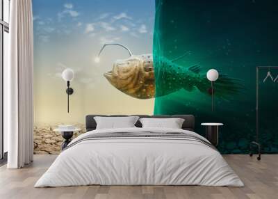 surreal landscape with flying fish bottom angler, desert and ocean.  fantastic background, beautiful wonderland illustrations Wall mural