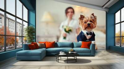 Terrier dressed as a groom in the bedroom of the bride. Bride with bouquet and white gown Wall mural