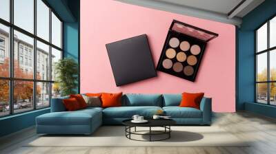 Mua and girly concept. Eyeshadow palette on pink background, eye shadows cosmetics product as luxury beauty brand promotion. Fashion blog design. Contouring palette. Makeup palette close up Wall mural