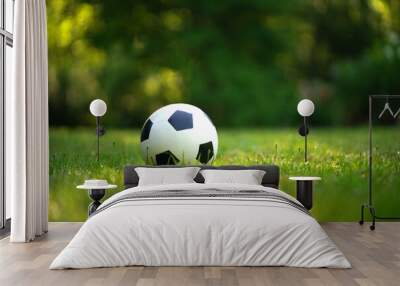 A rubber soccer ball on the green grass in the park.Playing football in the fresh air. A white ball with black squares.Active outdoor sports. Wall mural