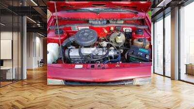 Old carburetor engine in a red Soviet car VAZ Wall mural