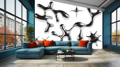 3d chrome metal organic fluid shapes and stars. Abstract liquid mercury metallic icon. 3d rendering aluminum gradient shape design . Brutalist futuristic style Wall mural