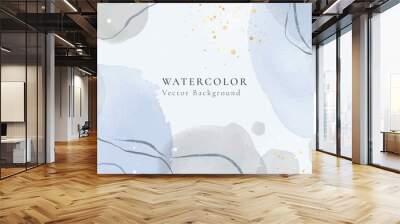 Abstract dusty blue and pastel grey liquid watercolor background with wavy lines and gold stains. Pastel elegant minimal modern horizontal header. Vector illustration, watercolour wallpaper Wall mural