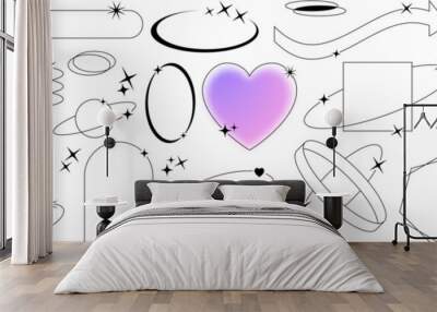 Aesthetic y2k geometric shapes with stars. Simple trendy frames. Retro basic line art design elements. Oval, heart, arrow, frame figures with sparkles. Vector illustration for social media or poster Wall mural