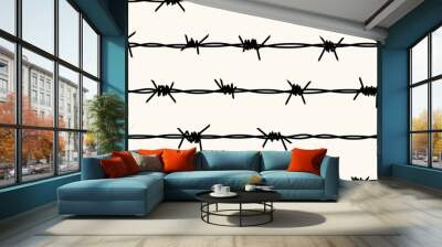 Barbed wire silhouettes seamless pattern. Vector background of steel black wire barb fence. Concept of protection, danger or security Wall mural