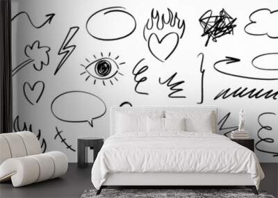 Charcoal pen liner doodle texture elements, crown, emphasis arrow, speech bubble, scribble. Handdrawn cute cartoon pencil sketches of decorative icons. Vector illustration of fire, highlight, explosio Wall mural