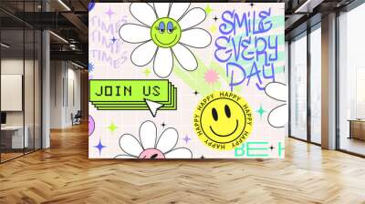 cool abstract collage background with hipster stickers of smile face in acid design. retro pop happy Wall mural