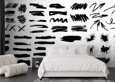 Grunge charcoal scribble stripes, emphasis arrows, handdrawn doodle bold shapes, paint brushstrokes, ink rough splash blobs. Chalk or marker doodles, urban freehand scratches. Vector Illustration Wall mural