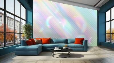 Rainbow light prism effect with holographic beam light reflection, transparent background. Crystal flare leak shadow overlay. Vector illustration of abstract blurred iridescent light backdrop Wall mural