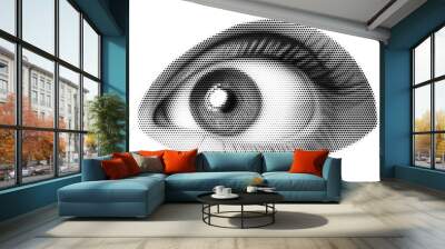 Retro halftone collage eye for use in mixed media designs. Dotted pop art style open human eye with half-tone texture. Vector illustration of vintage grunge punk crazy art stencils. Wall mural