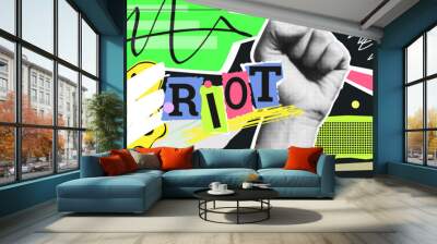 Strong fist raised up in halftone shape. Vector collage in contemporary punk grunge style . Modern poster with dotted elements, brush strokes, urban magazine pattern. Concept of human rights fight Wall mural