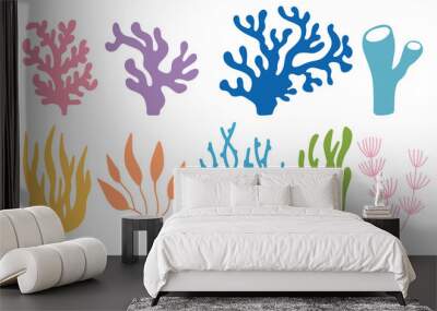 Vector set of colored corals and seaweeds silhouettes. Underwater coral reef and sea kelp in hand drawn doodle style. Marine aquarium plants illustration. Wall mural