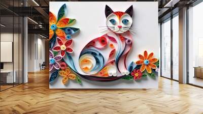 Paper Quilling art style Cat with bright colorful flowers on white background with copy space.Banner for design and interior decor. AI generated. Wall mural