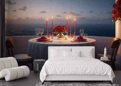 Romantic dinner table for date by the ocean at sunset.Valentine's Day,Love,honeymoon set for two,summer vacation or wedding concept.Generative AI Wall mural